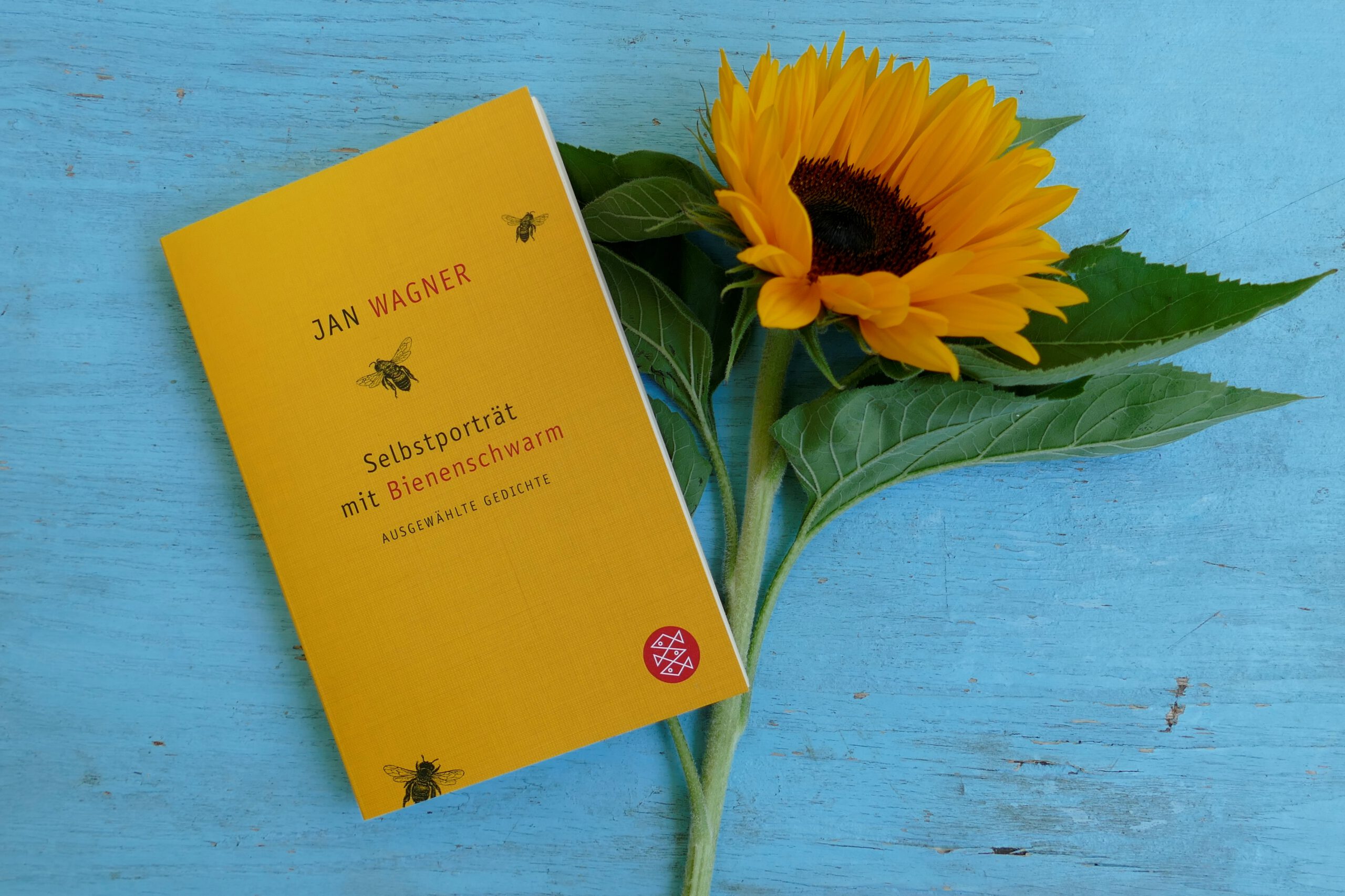 Gedichtband "Selbstporträt mit Bienenschwarm" liegt auf einem Tisch neben einer Sonnenblume