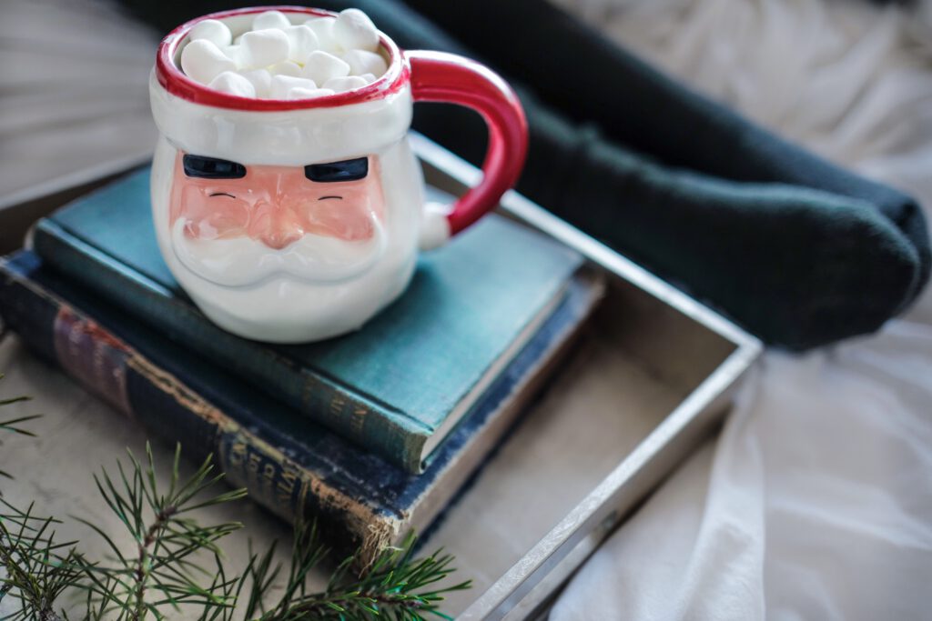 Tasse mit Weihnachtsmanngesicht steht auf zwei Büchern
